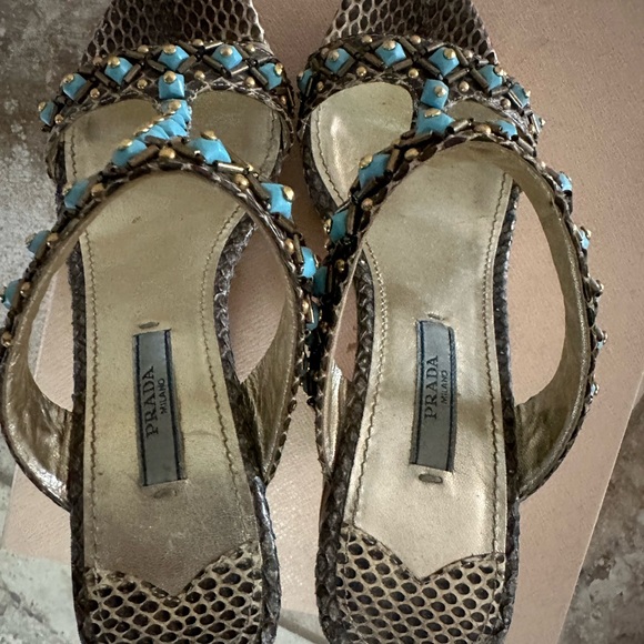 Prada Platform Slides 6 1/2  Heels Bronze Metallic Cork Turquoise Stud - Picture 4 of 7